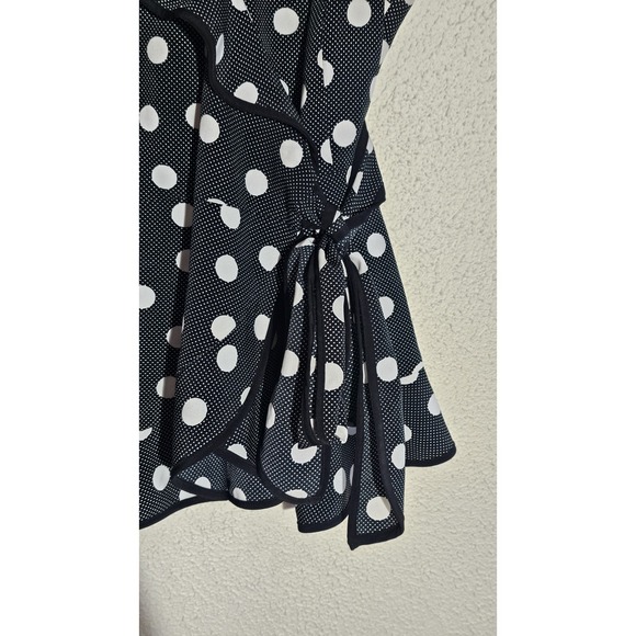 Axcess Black Polka Dot Wrap Blouse Ruffle Sz M Frilly Flirty Office Form Fitting - Picture 5 of 15